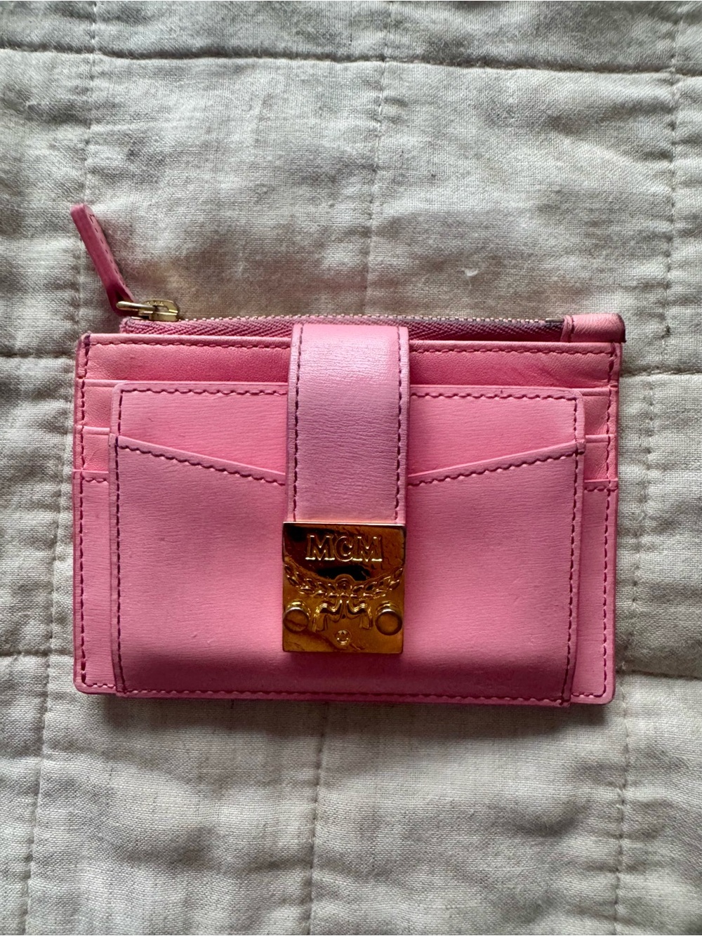 MCM Pink Leather Card Holder with Gold-Tone Plaque